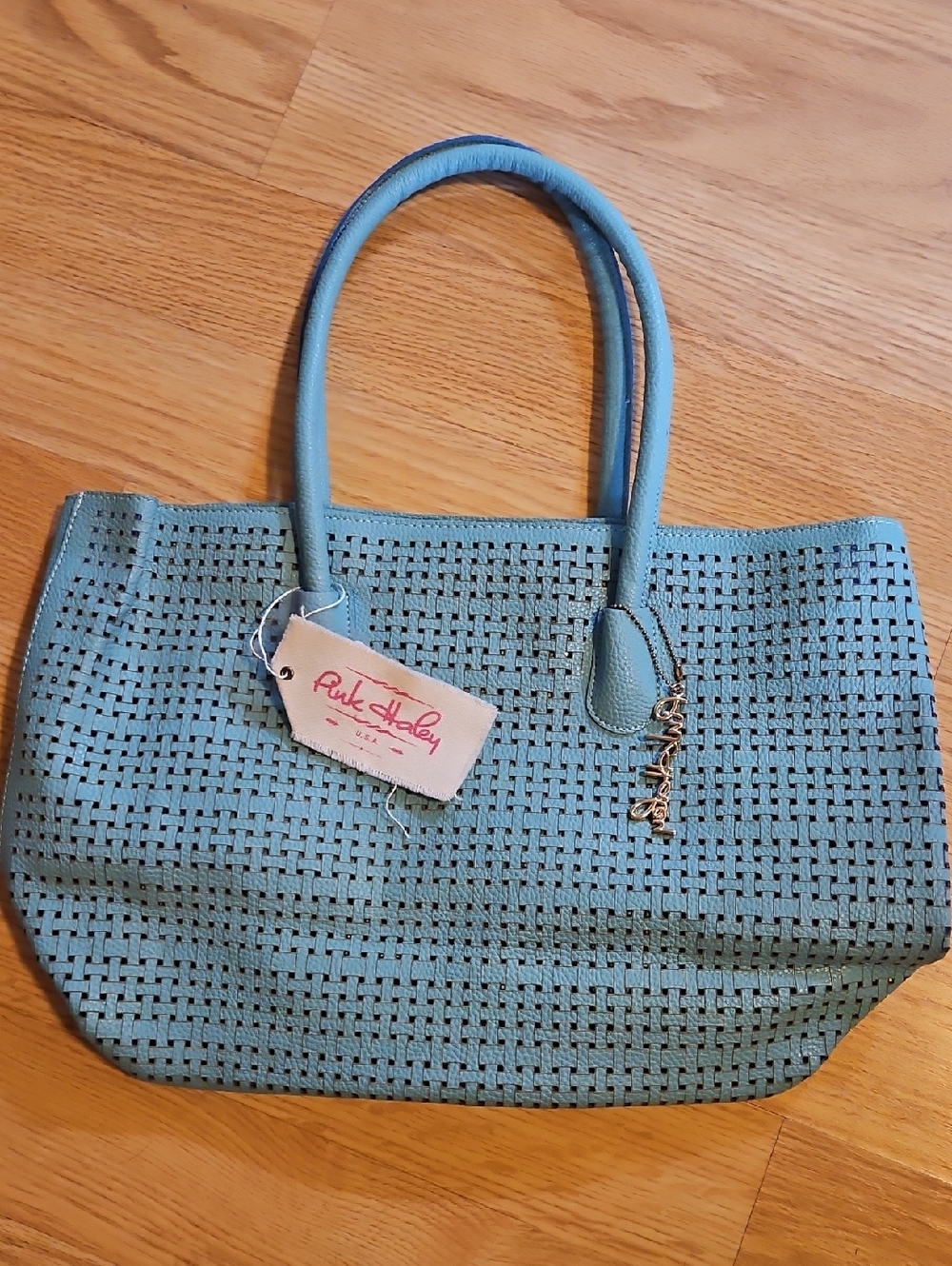 Pink Haley Teal Woven Tote with Charm